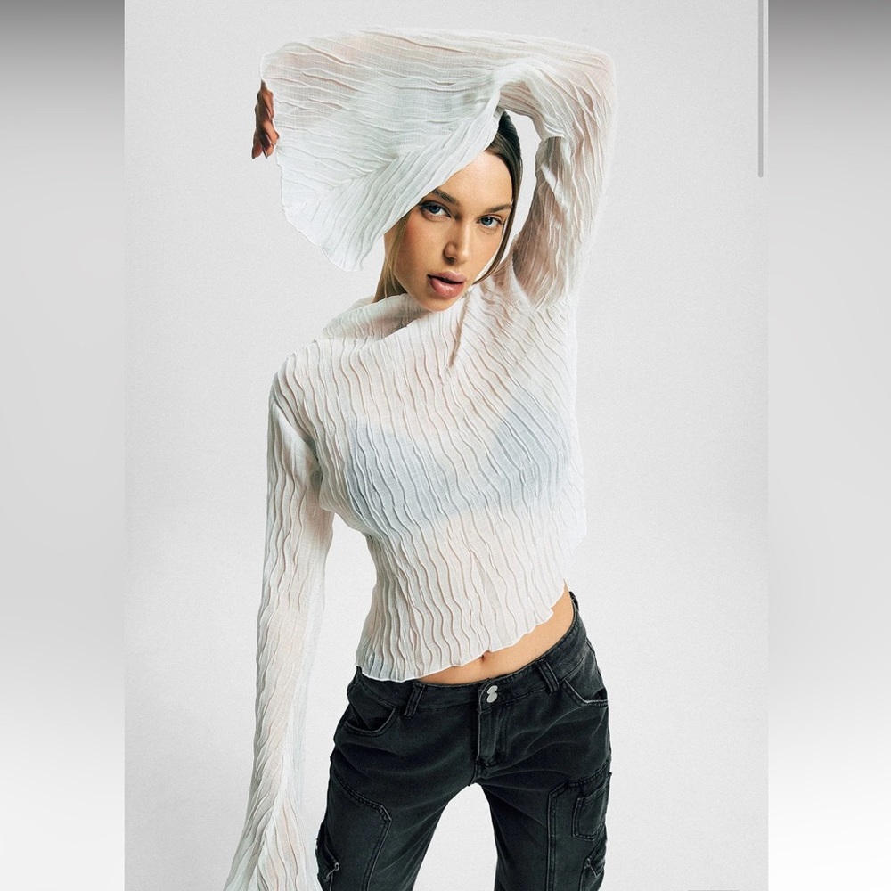 Sheer white textured bell sleeve top